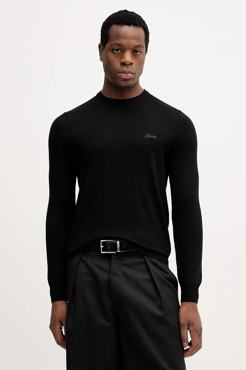 Levně Svetr z hedvábné směsi Guess DANIEL pánský, černá barva, M5YR26 Z0122