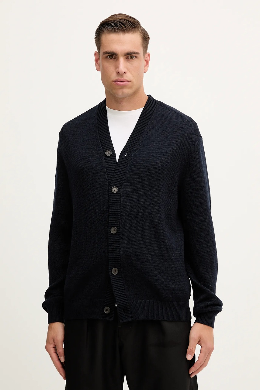 Levně Kardigan s příměsí vlny Armani Exchange pánský, tmavomodrá barva, XM001914 AF14008