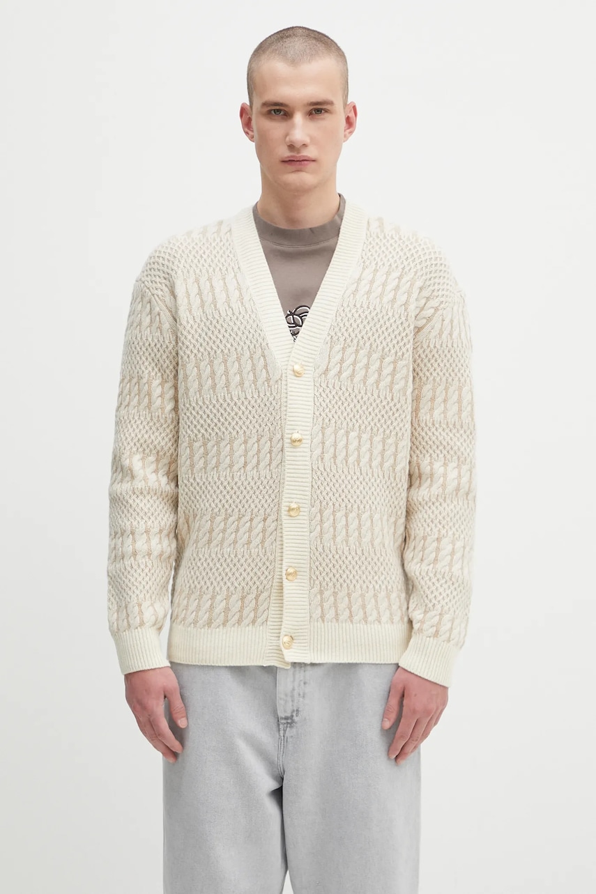 Drôle de Monsieur cardigan din lână Le Cardigan Torsades Bicolore culoarea bej, H.CA160.WO018