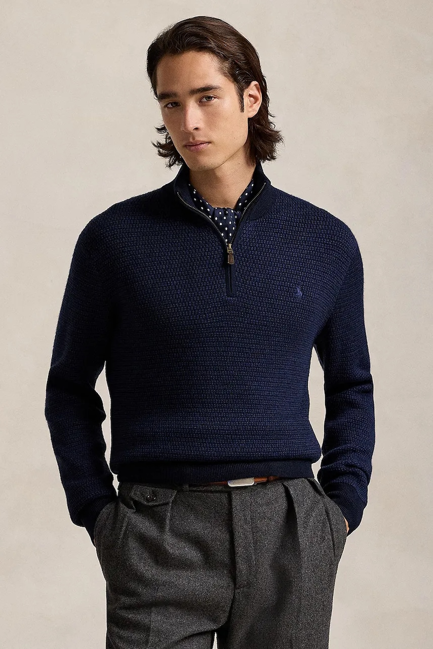 Levně Vlněný svetr Polo Ralph Lauren pánský, tmavomodrá barva, s pologolfem, 710948865