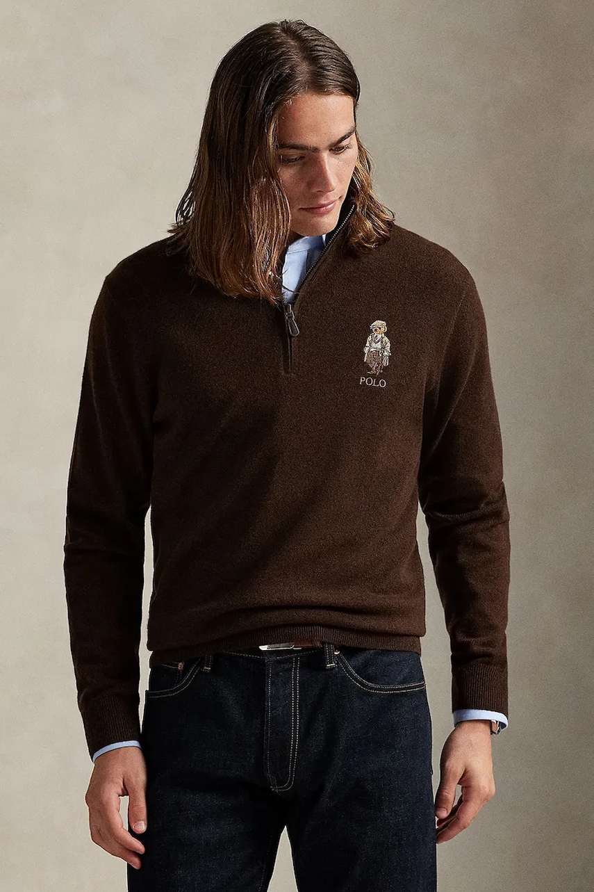 Levně Vlněný svetr Polo Ralph Lauren pánský, hnědá barva, s pologolfem, 710978300
