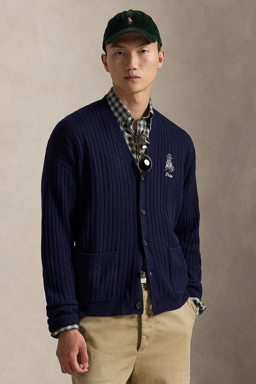 Levně Vlněný kardigan Polo Ralph Lauren pánský, tmavomodrá barva, 710979094
