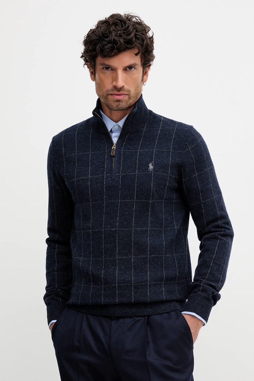 Levně Vlněný svetr Polo Ralph Lauren pánský, tmavomodrá barva, s pologolfem, 710981616