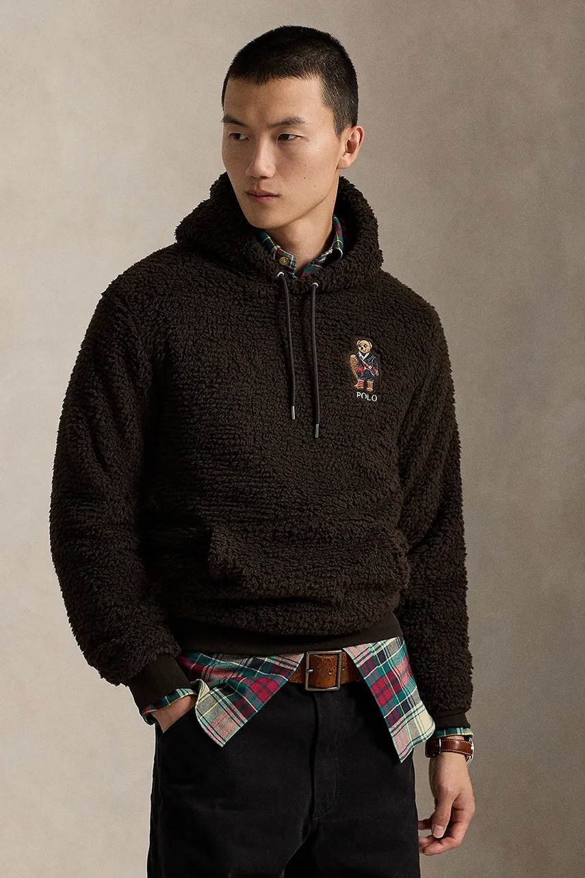 Levně Fleecová mikina Polo Ralph Lauren pánská, hnědá barva, s kapucí, s aplikací, 710981798