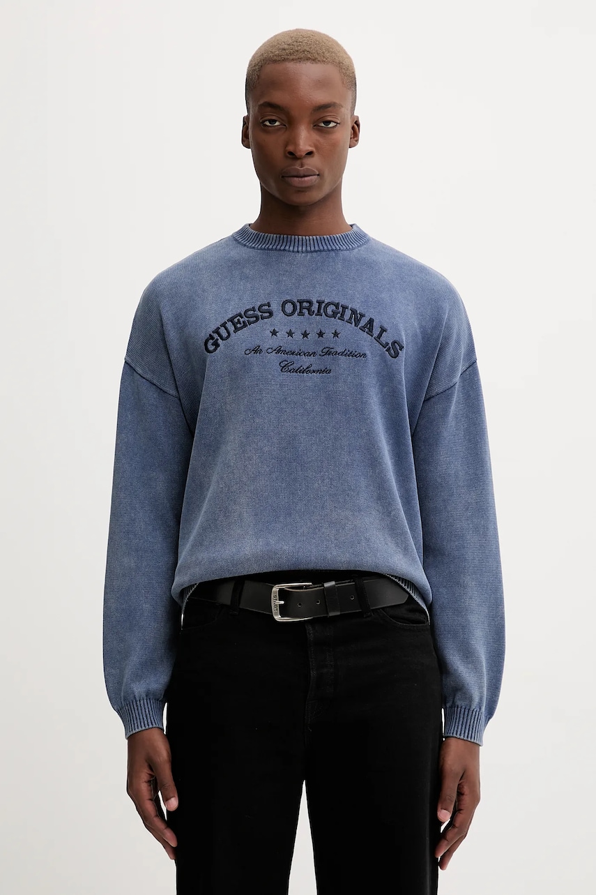 Levně Bavlněný svetr Guess Originals pánský, tmavomodrá barva, M5BR01 Z3P41