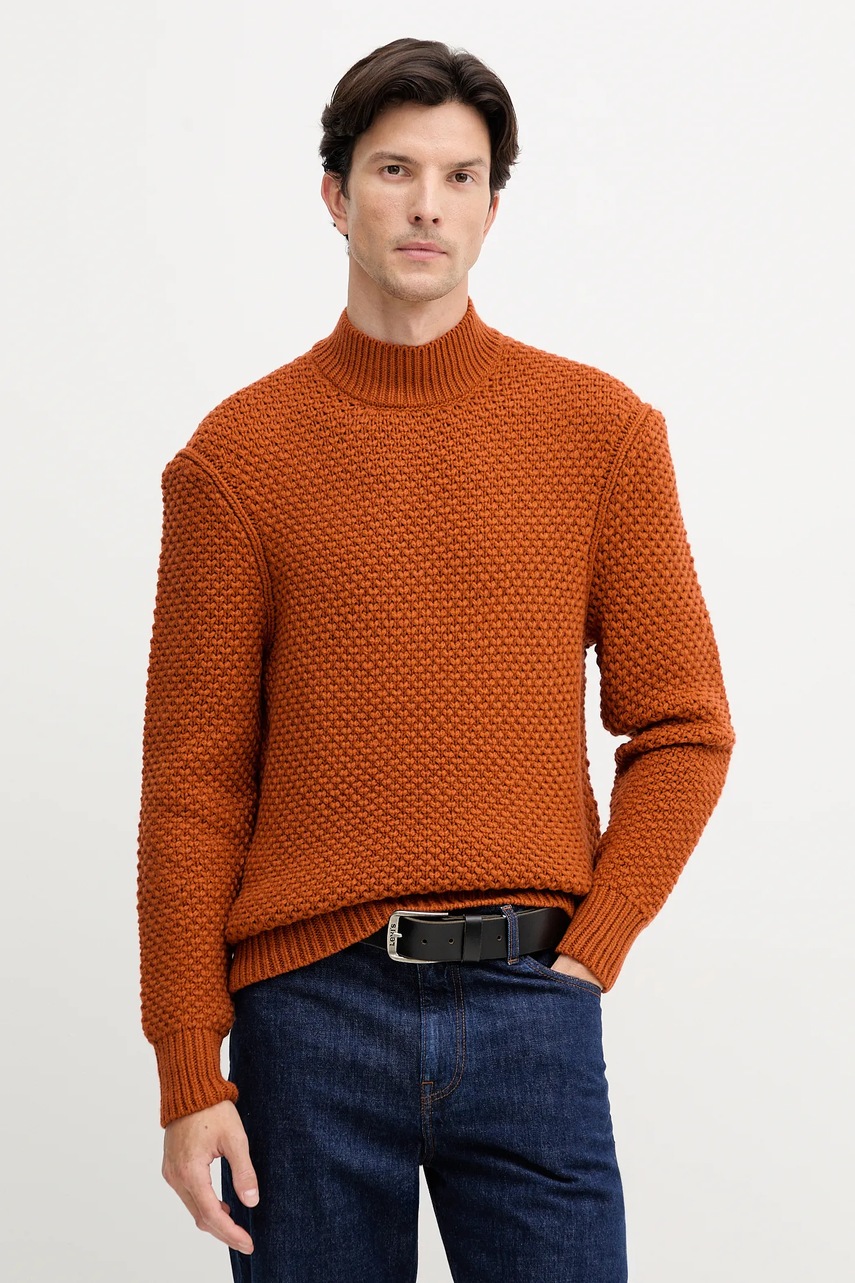 BOSS pulover de lână culoarea portocaliu, cu turtleneck, 50550008