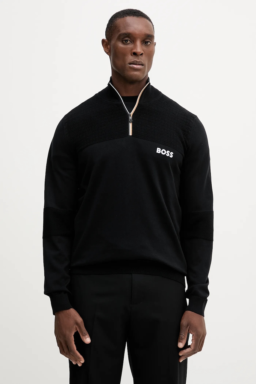 BOSS Green pulover culoarea negru, light, cu guler, 50541953