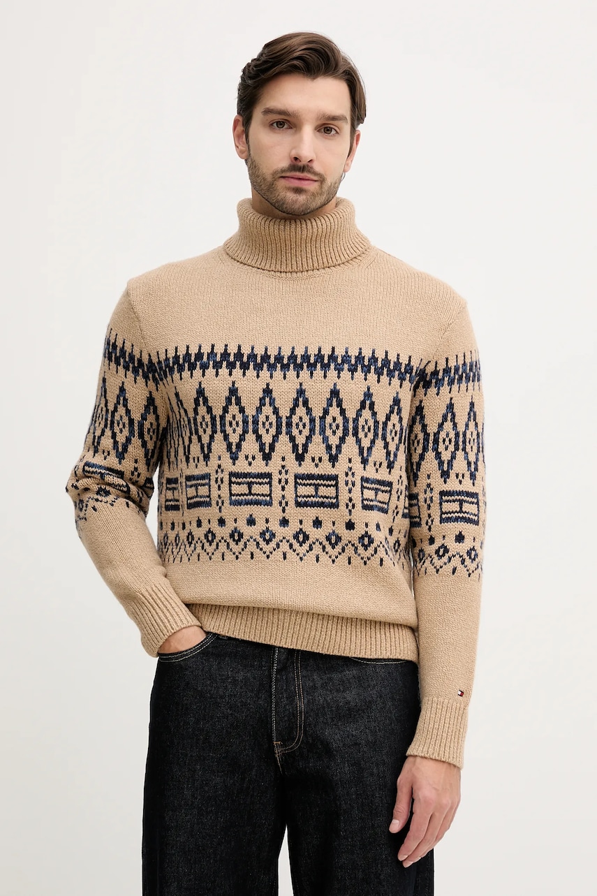 Levně Svetr s příměsí vlny Tommy Hilfiger hnědá barva, s golfem, MW0MW40843