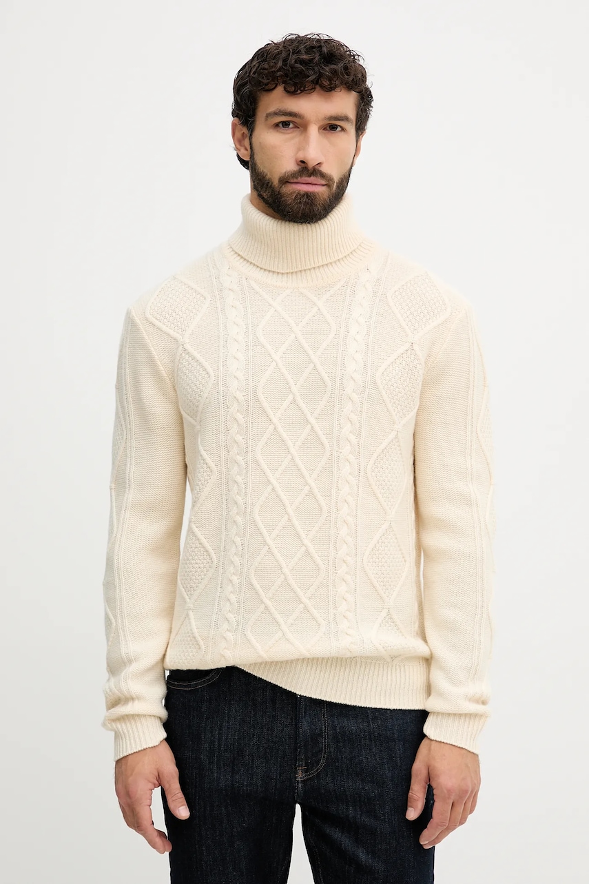 Levně Vlněný svetr Tommy Hilfiger pánský, béžová barva, s golfem, MW0MW40914