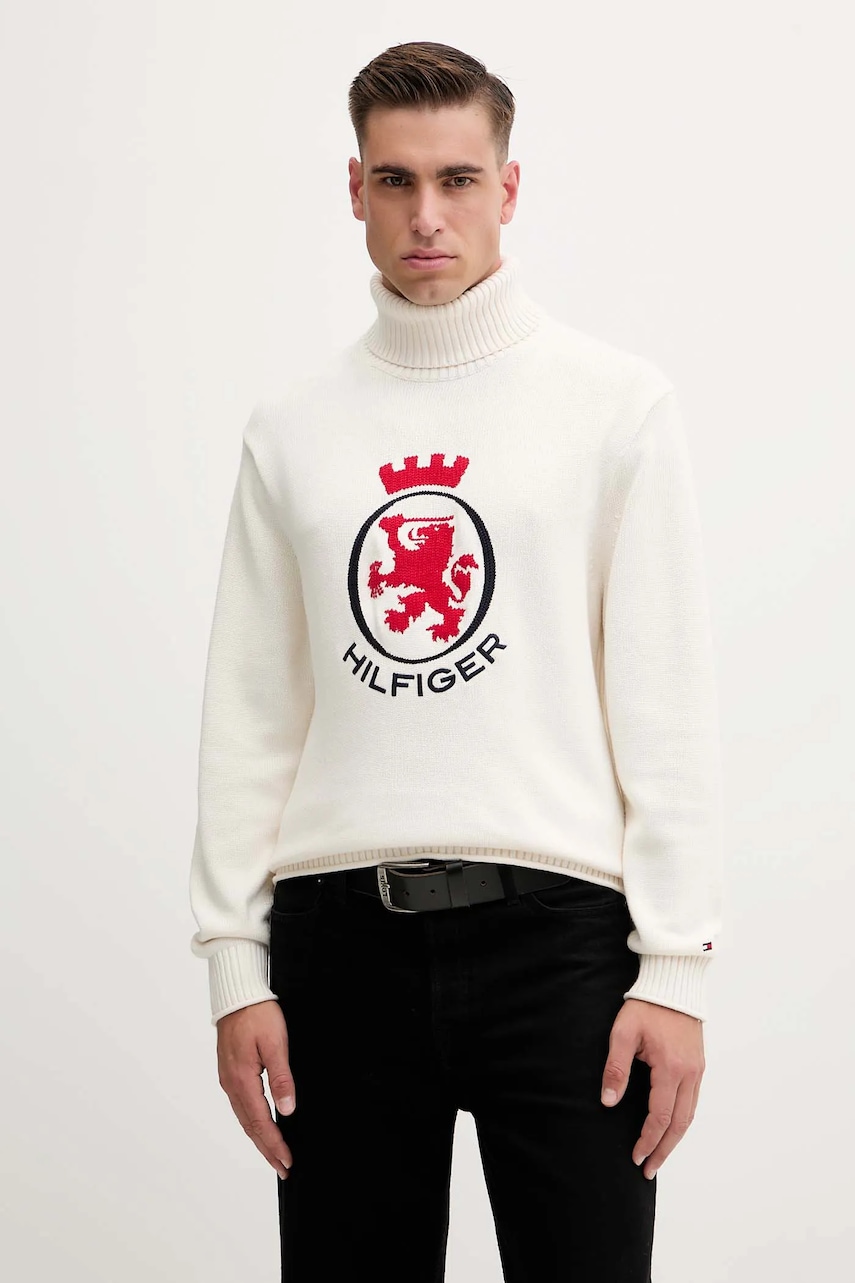 Levně Bavlněný svetr Tommy Hilfiger pánský, béžová barva, s golfem, MW0MW41482