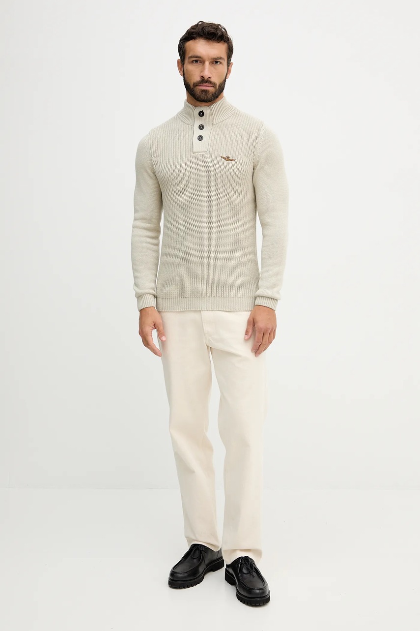 Хлопковый свитер Aeronautica Militare цвет бежевый лёгкий с полугольфом MA1572UL00409