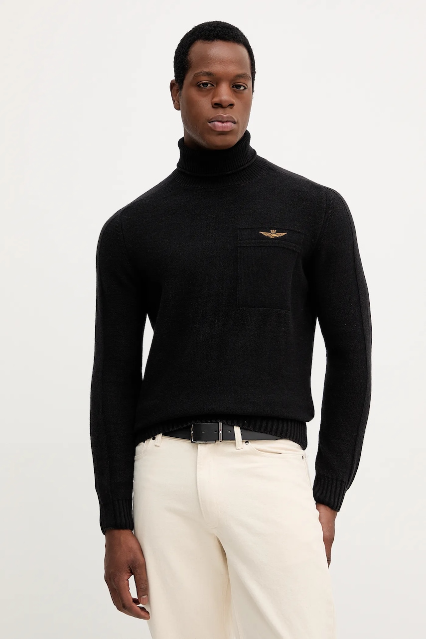 Aeronautica Militare pulover de lână culoarea negru, cu guler, MA1587UL00904 Aeronautica Militare pulover de lână culoarea negru, cu guler, MA1587UL00904