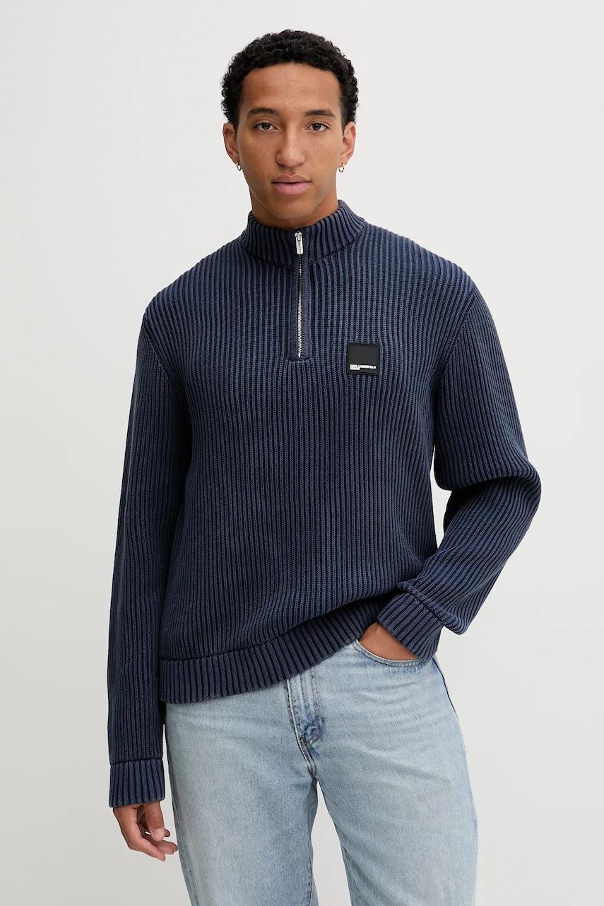 Levně Bavlněný svetr Karl Lagerfeld Jeans pánský, tmavomodrá barva, s pologolfem, A4M18034