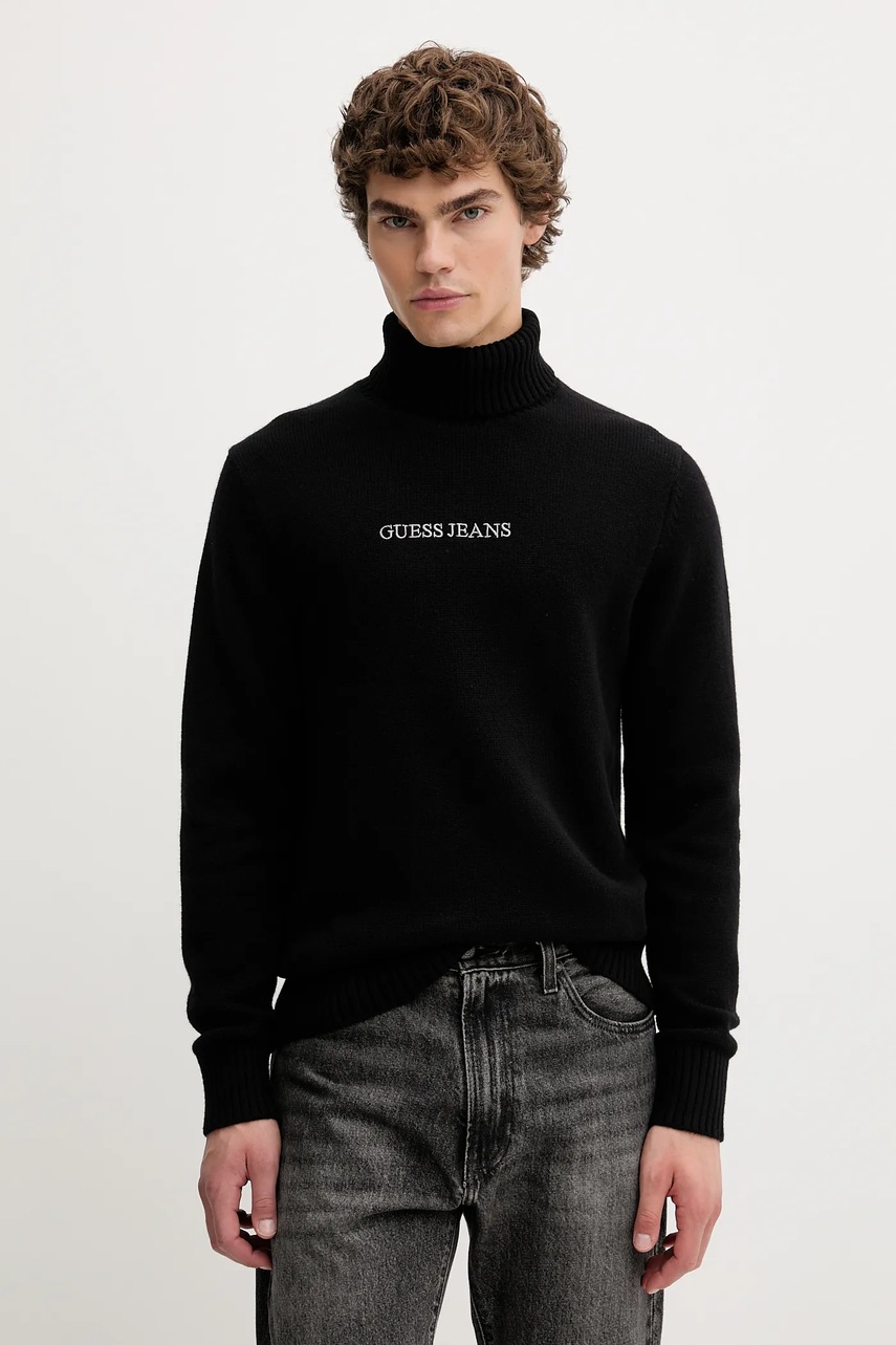 Levně Svetr s příměsí vlny Guess Jeans černá barva, s golfem, M5BR58 Z0561