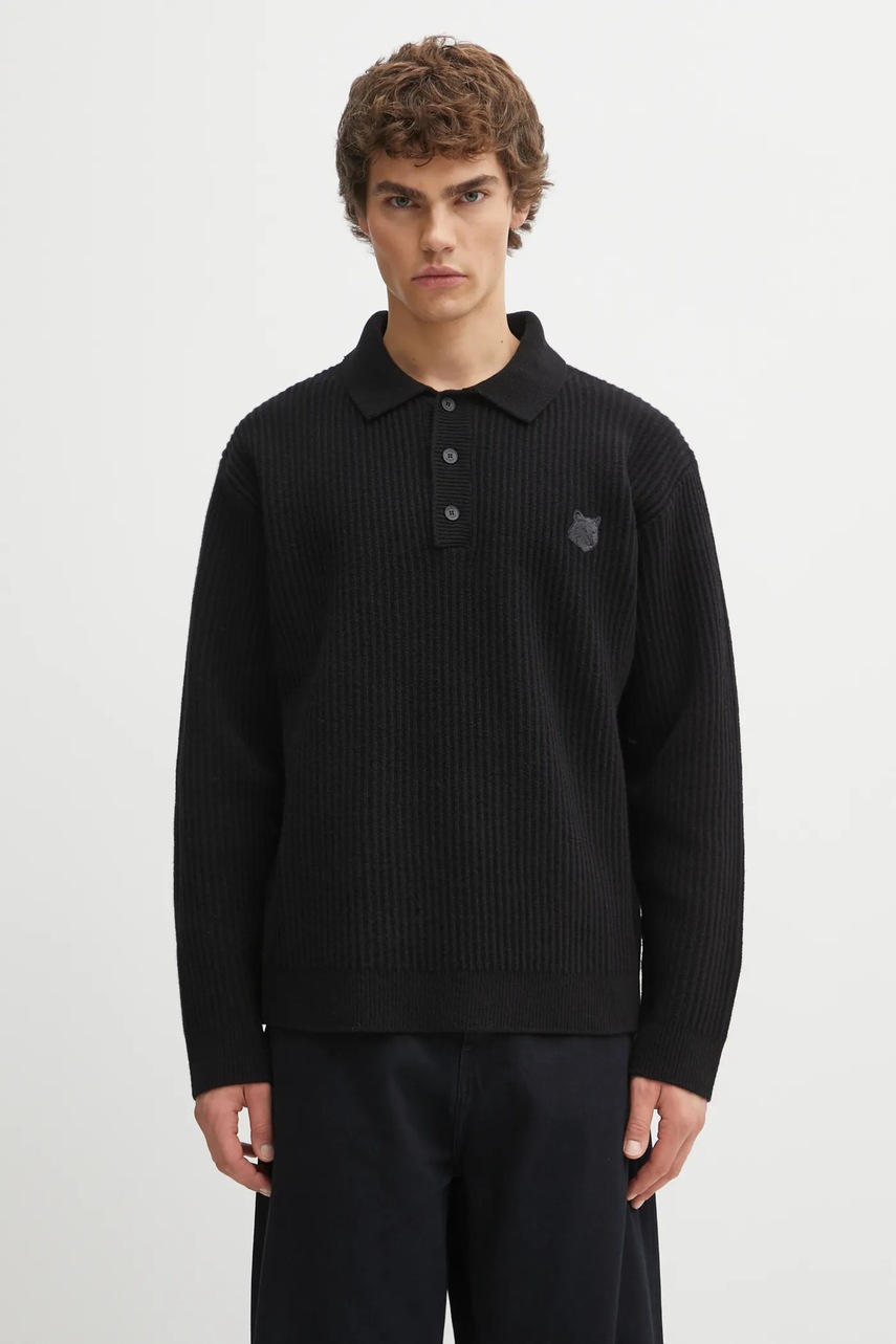 Maison Kitsuné sweter wełniany Fox Head Wool Ribbed Polo
