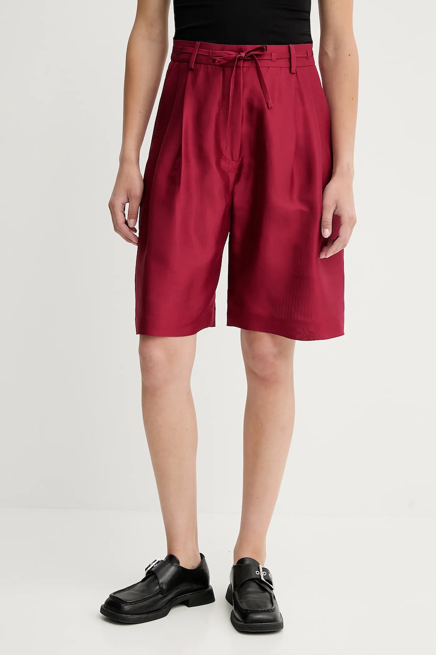 MUNTHE pantaloni scurti din matase PEPPI culoarea bordo, uni, high waist, 252143025209