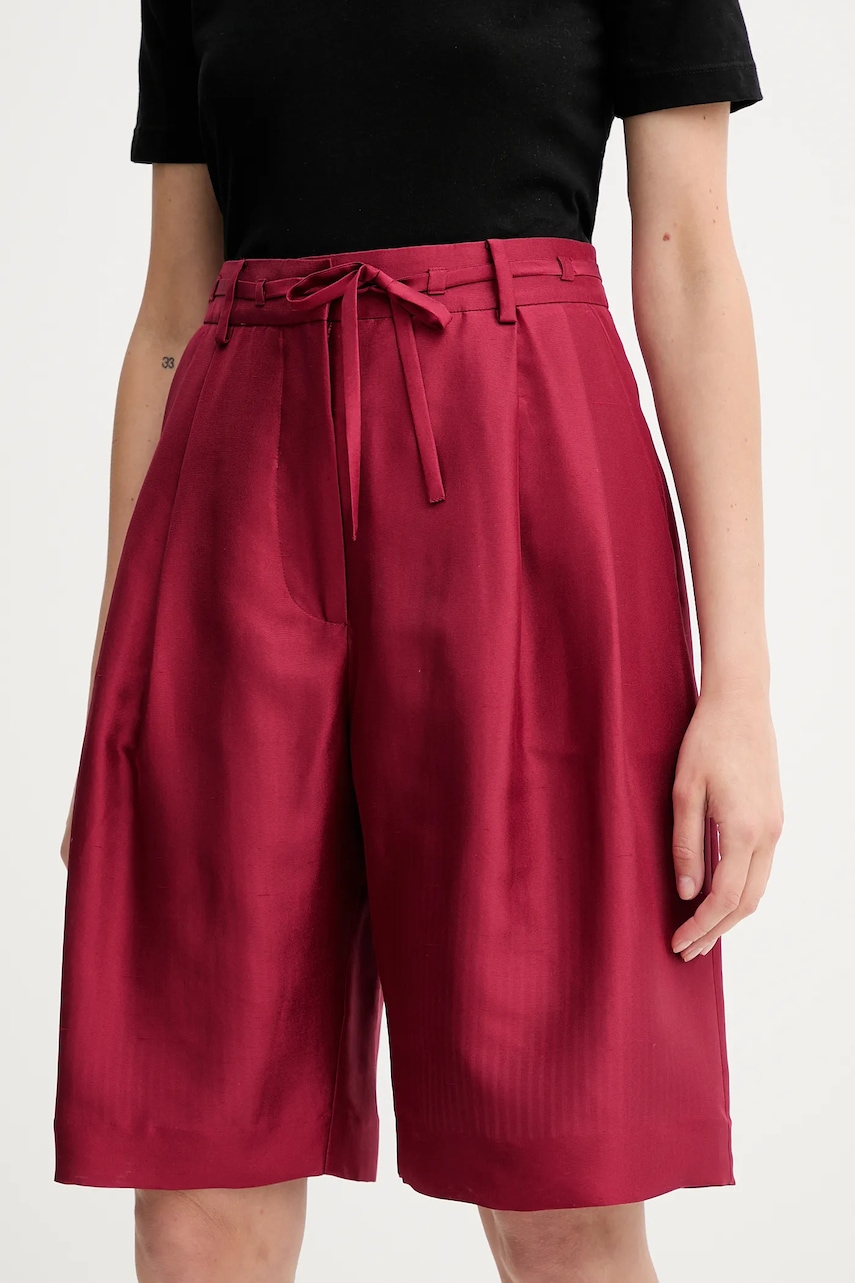 MUNTHE pantaloni scurți din mătase PEPPI culoarea bordo, uni, high waist, 252143025209