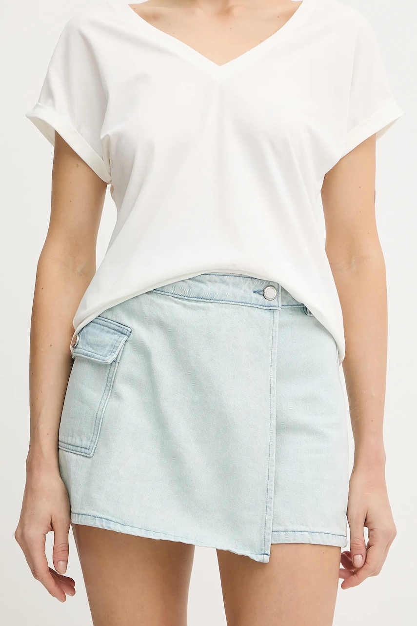 Levně Džínová kalhotová sukně Morgan dámská, modrá barva, hladká, high waist, SHAZAZ