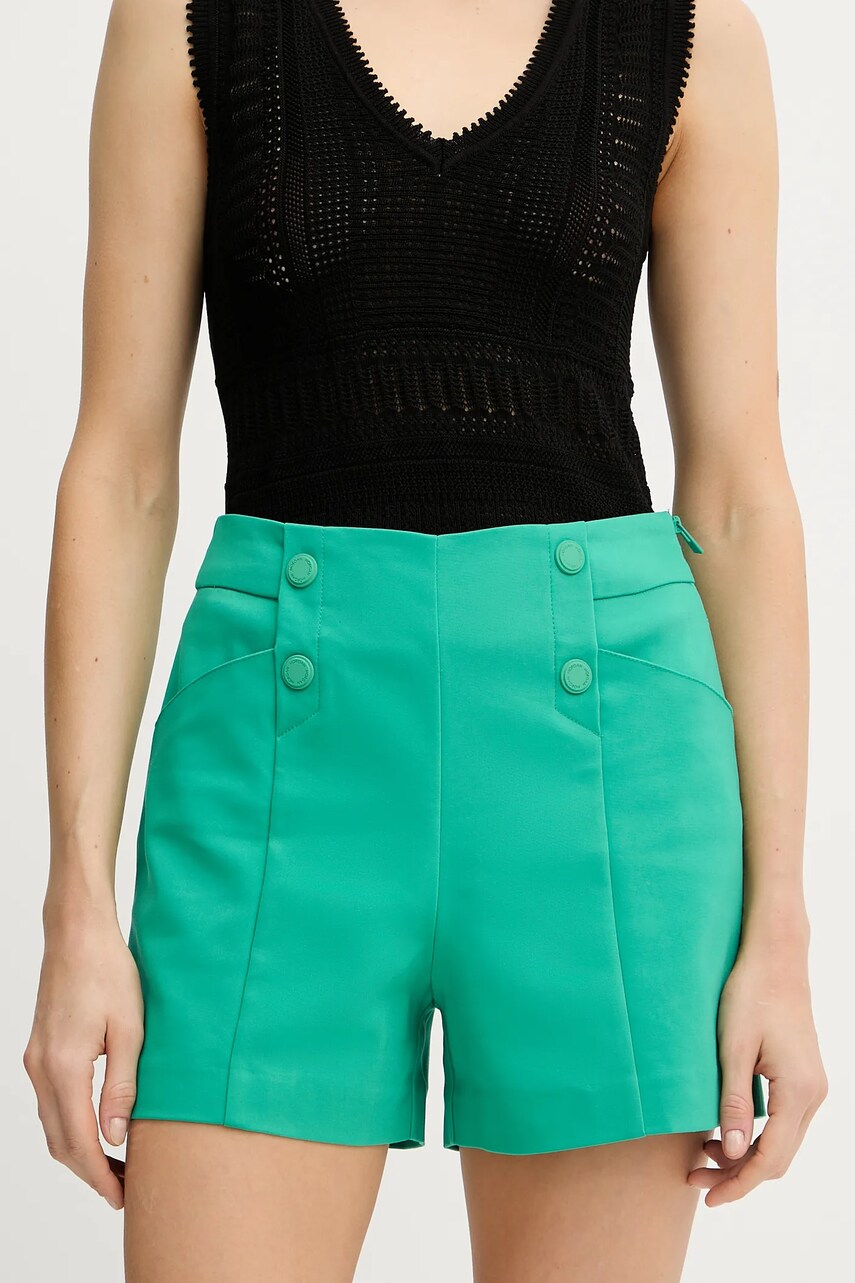 Morgan pantaloni scurți culoarea verde, uni, high waist, SHEON