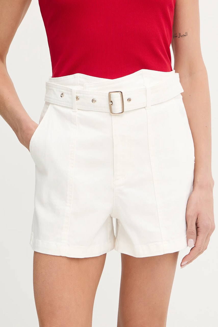 Morgan pantaloni scurti culoarea bej, uni, high waist, SHERIM