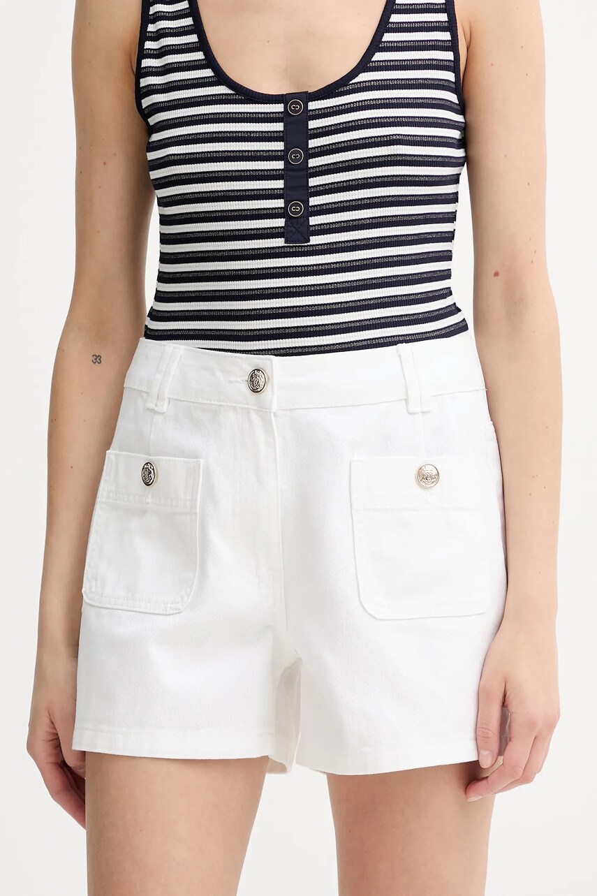 Morgan pantaloni scurți jeans culoarea alb, uni, high waist, SHAMIZ1