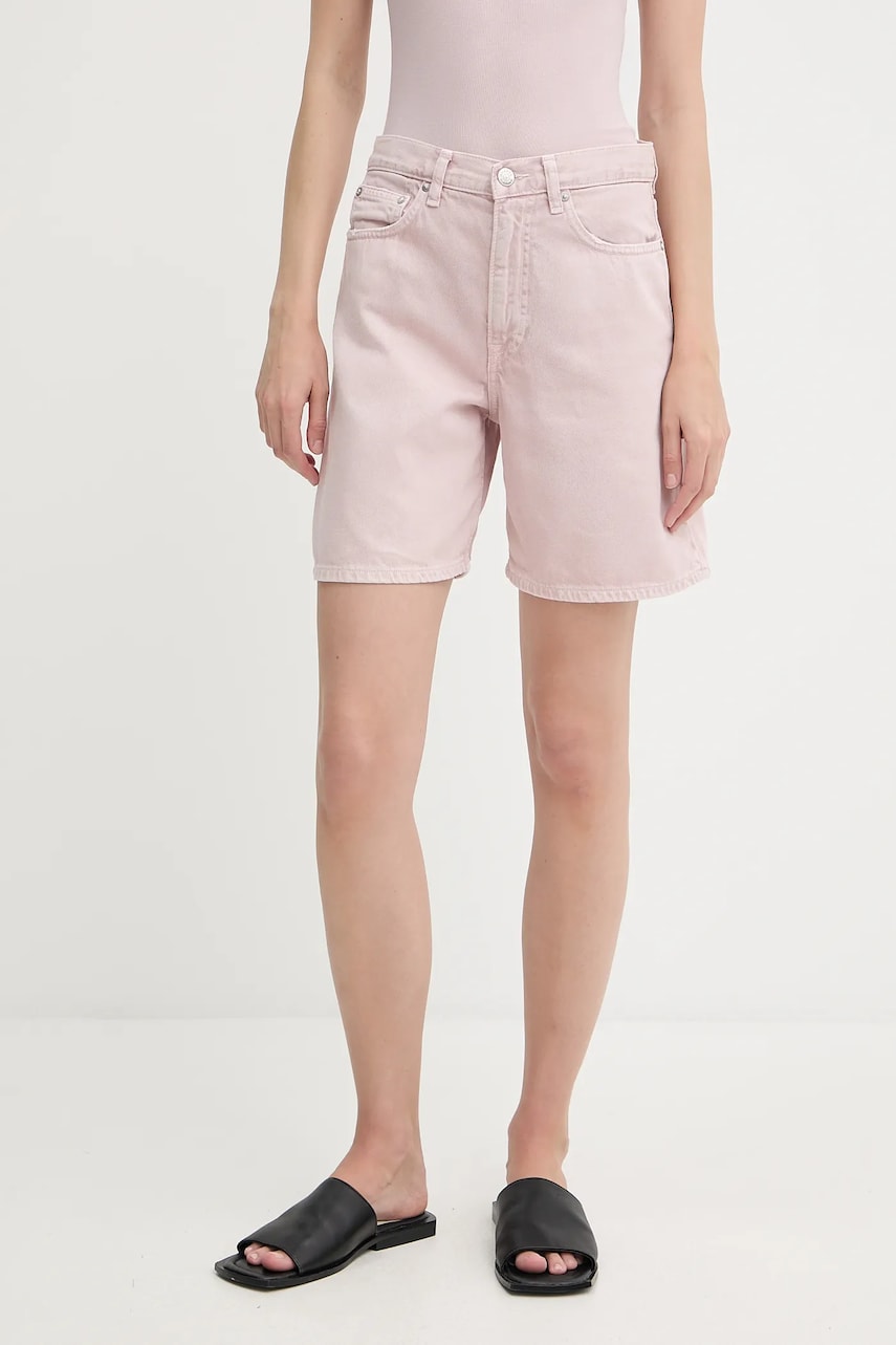 Samsoe Samsoe pantaloni scurți jeans SASHELLY culoarea roz, uni, high waist, F25200013