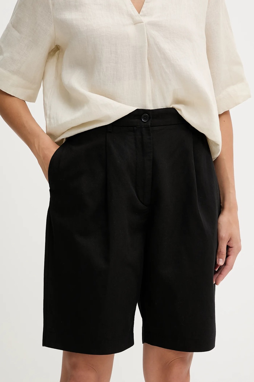 Levně Šortky s příměsí lnu Tommy Hilfiger dámské, černá barva, high waist, WW0WW45784