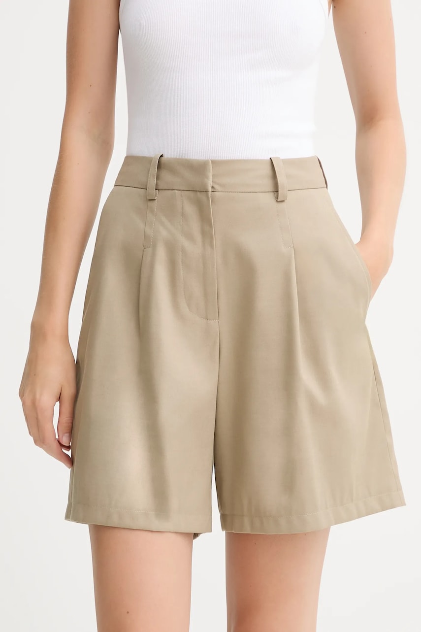 IRO pantaloni scurți din lână culoarea verde, uni, high waist, WP30SOLENNE