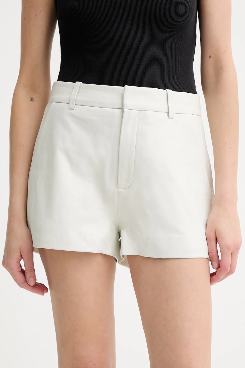 Gestuz pantaloni scurți de piele culoarea alb, uni, high waist, 10910162