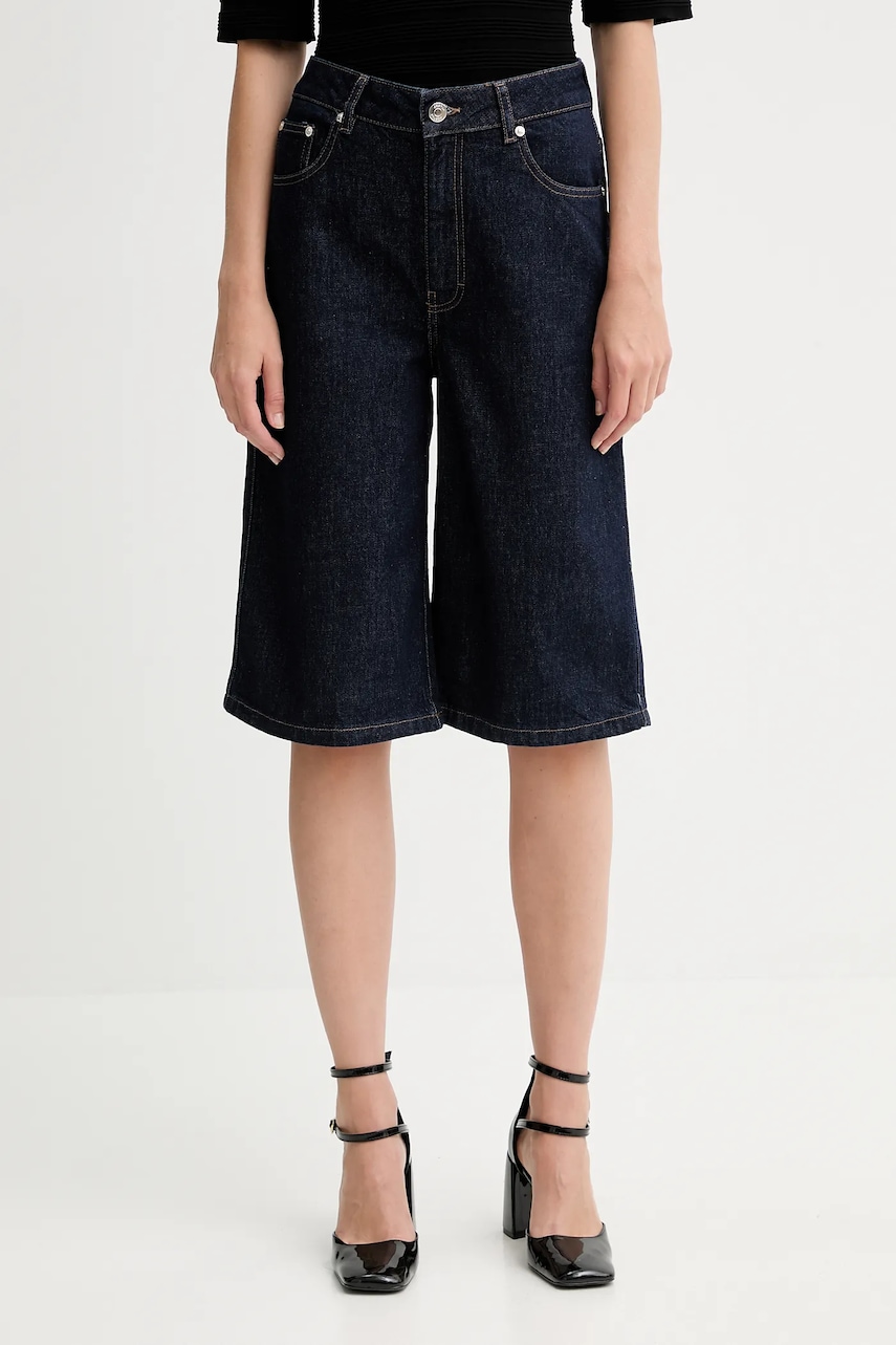 Gestuz pantaloni scurți jeans culoarea albastru marin, neted, high waist, 10910456