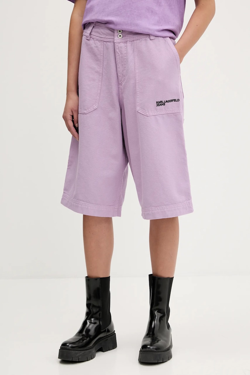 Karl Lagerfeld Jeans pantaloni scurți jeans culoarea violet, uni, high waist, A3W10127