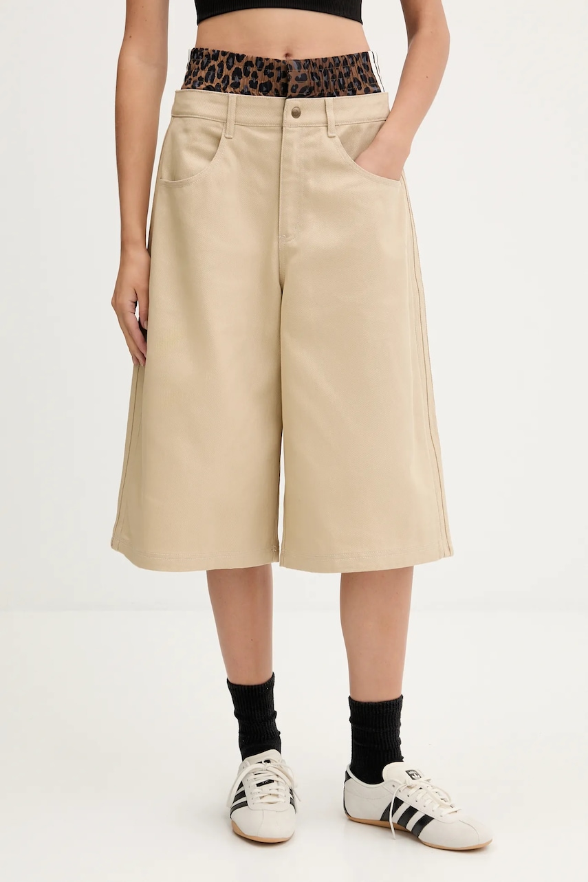 adidas Originals pantaloni scurți jeans Firebird Utility culoarea bej, uni, high waist, JX8762