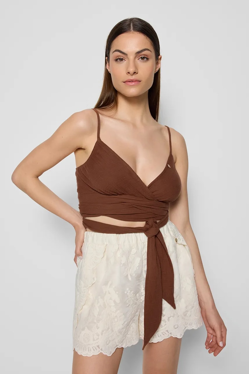 Bizuu pantaloni scurți NILDA culoarea bej, high waist, NILDA KREMOWY