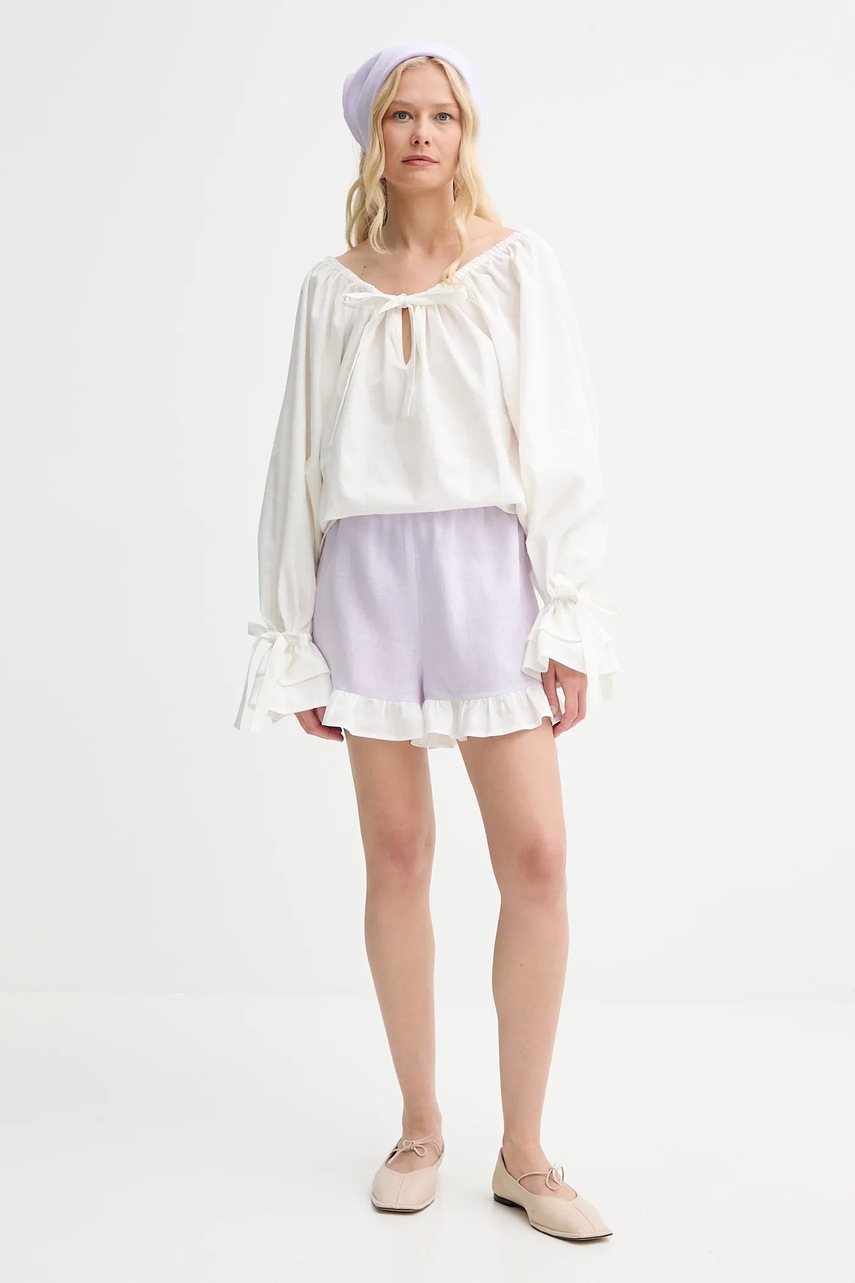 Льняные шорты The Sleeper цвет фиолетовый однотонные высокая посадка PFSH01P009R