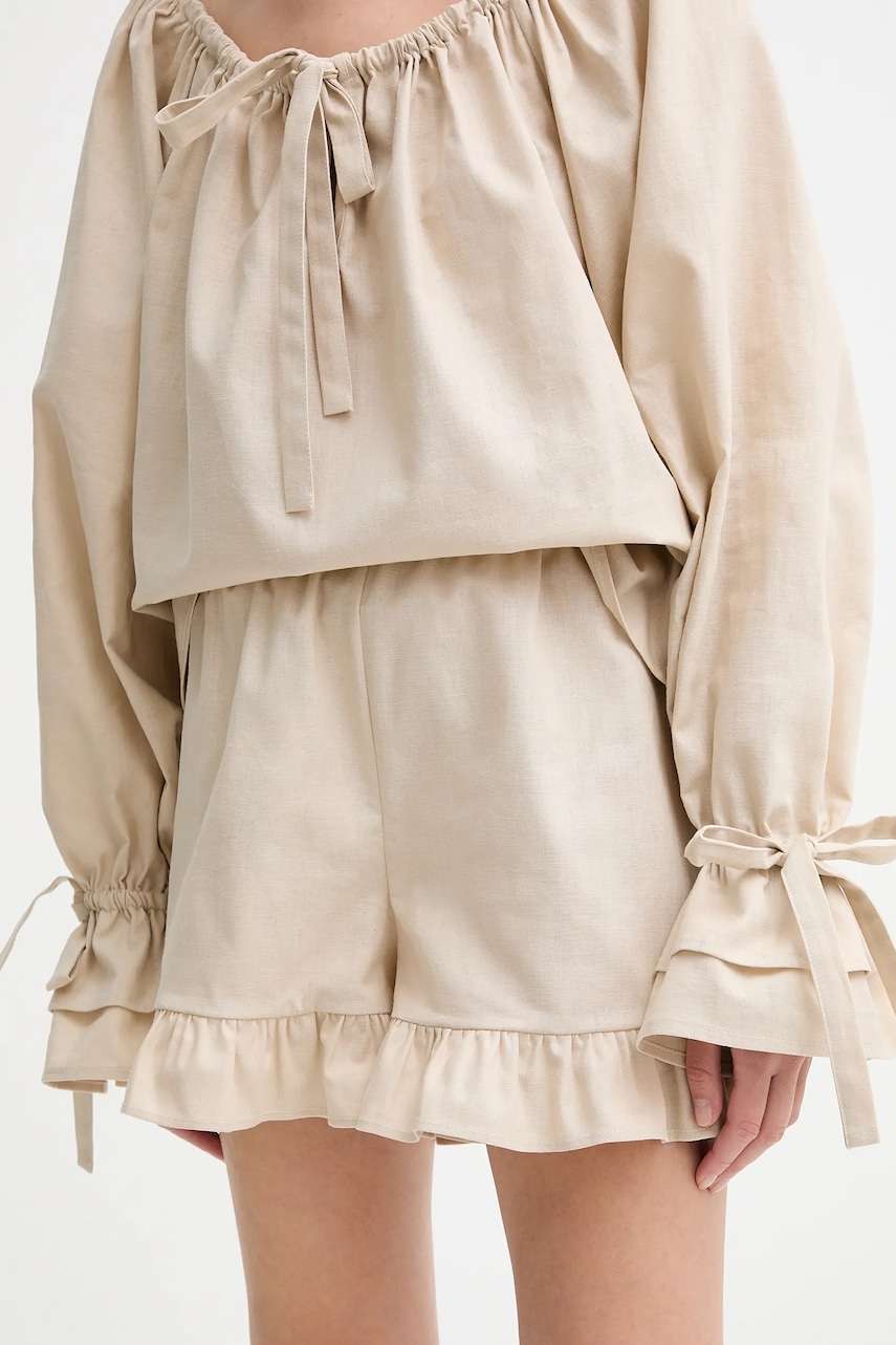 The Sleeper pantaloni scurți din in culoarea bej, uni, high waist, CHSH01P017N