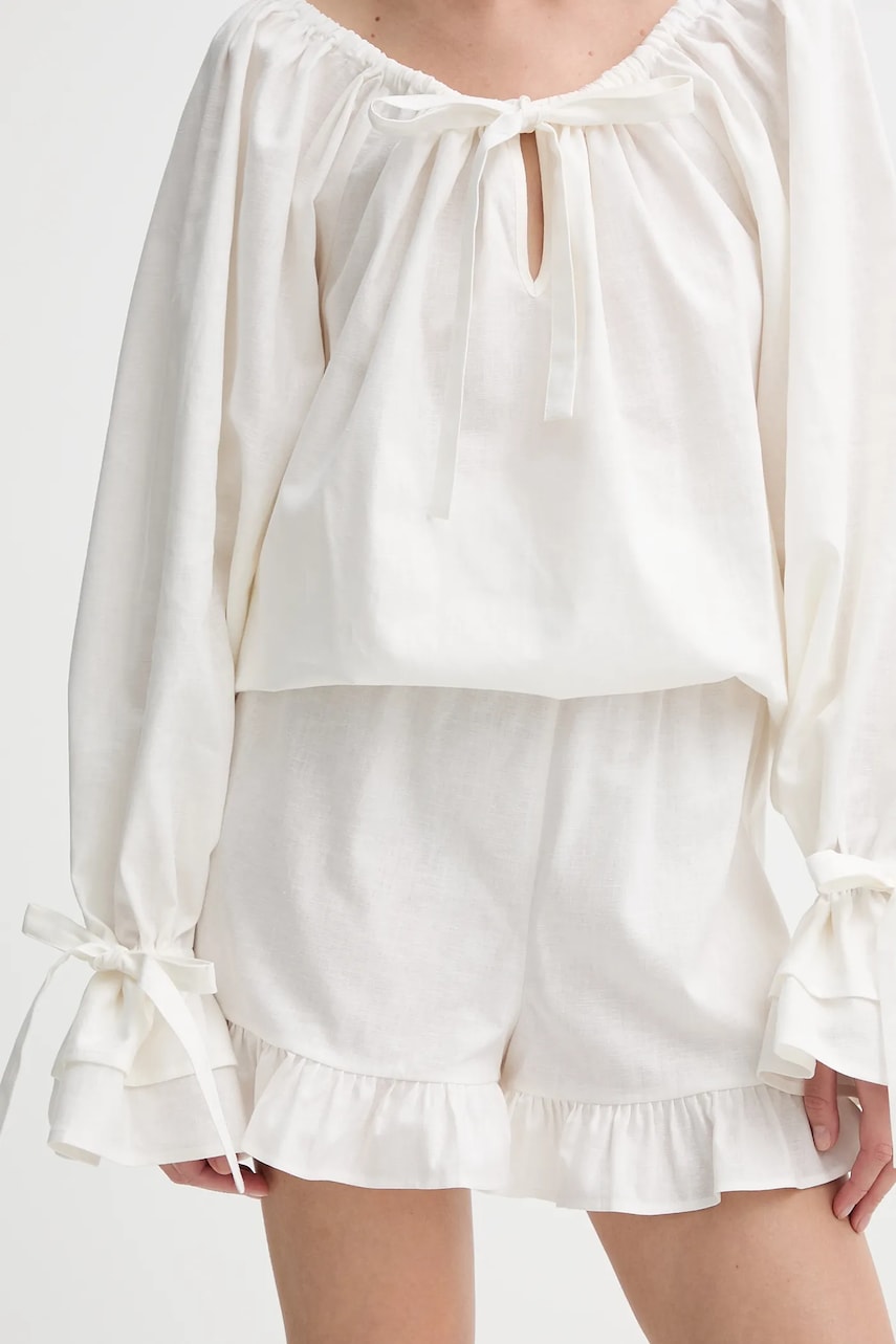 The Sleeper pantaloni scurți din in culoarea bej, uni, high waist, CHSH01P009N