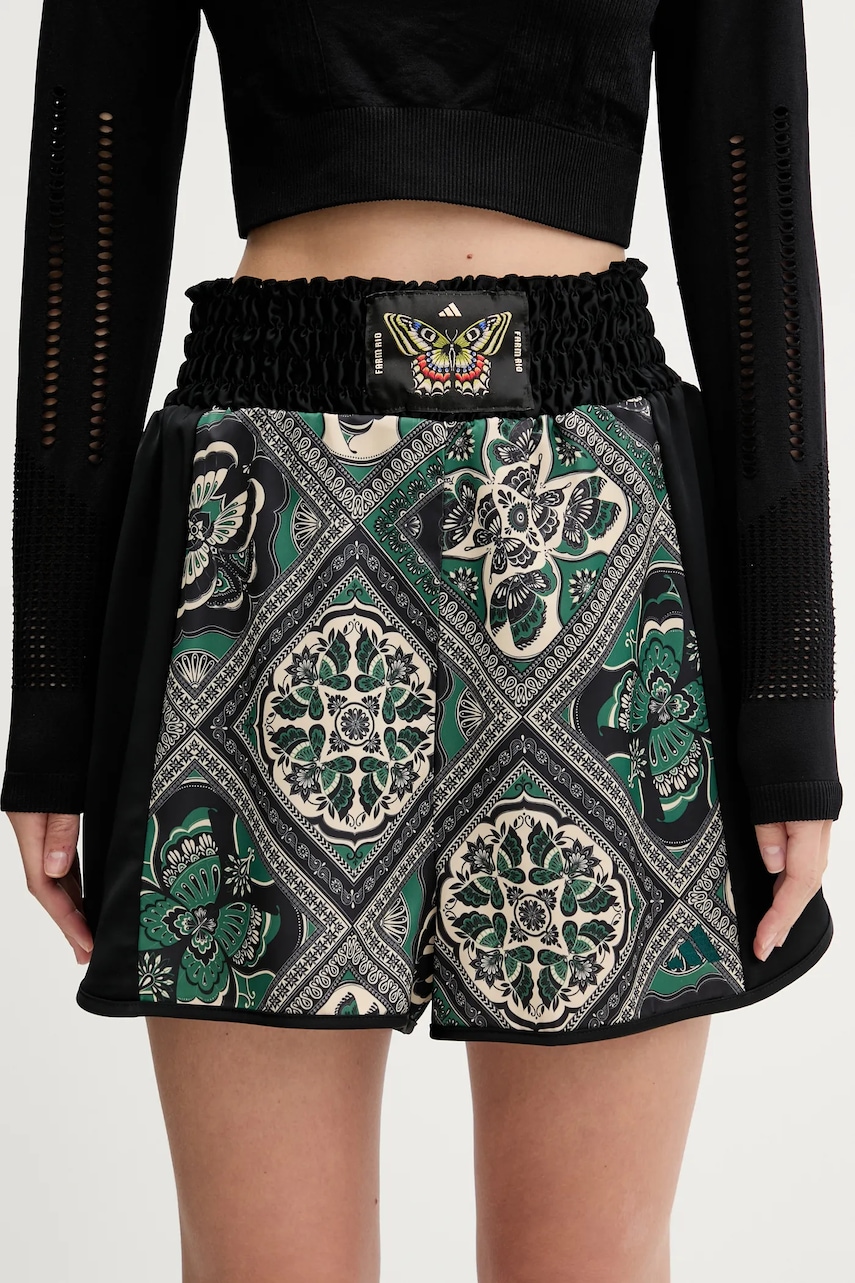 adidas pantaloni scurți x Farm Rio culoarea negru, cu imprimeu, high waist, JW4481