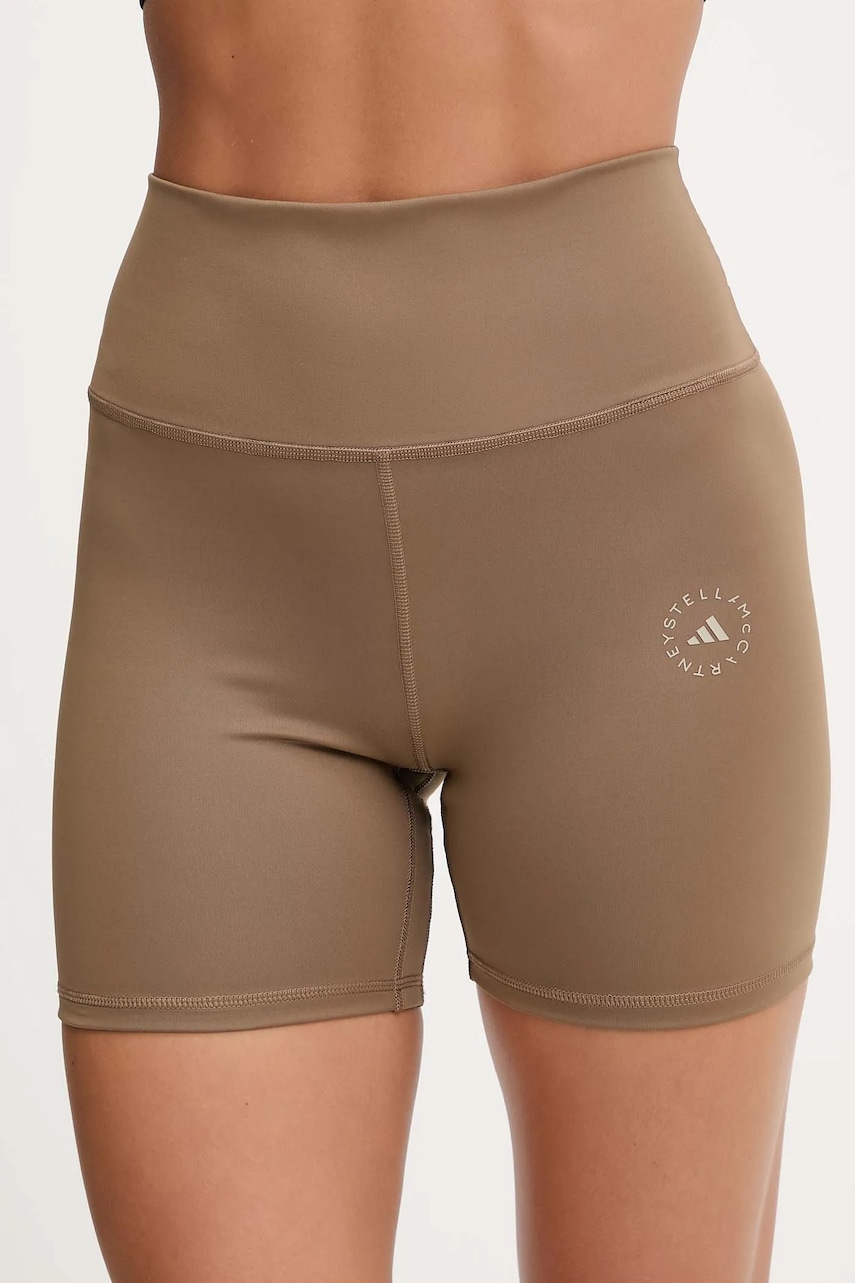 adidas by Stella McCartney pantaloni scurți de yoga culoarea maro, uni, high waist, KA0631