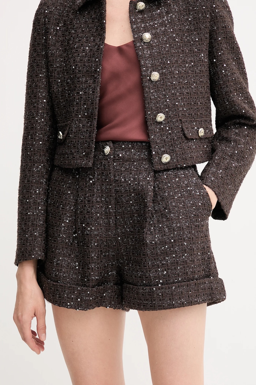 Gaudi pantaloni scurți din lână culoarea maro, uni, high waist, 521FD25003