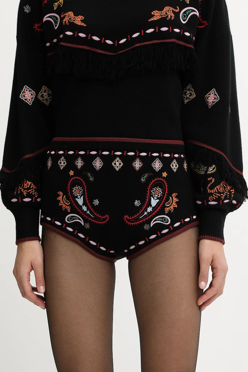 Never Fully Dressed pantaloni scurți culoarea negru, cu imprimeu, high waist, NFDKN745