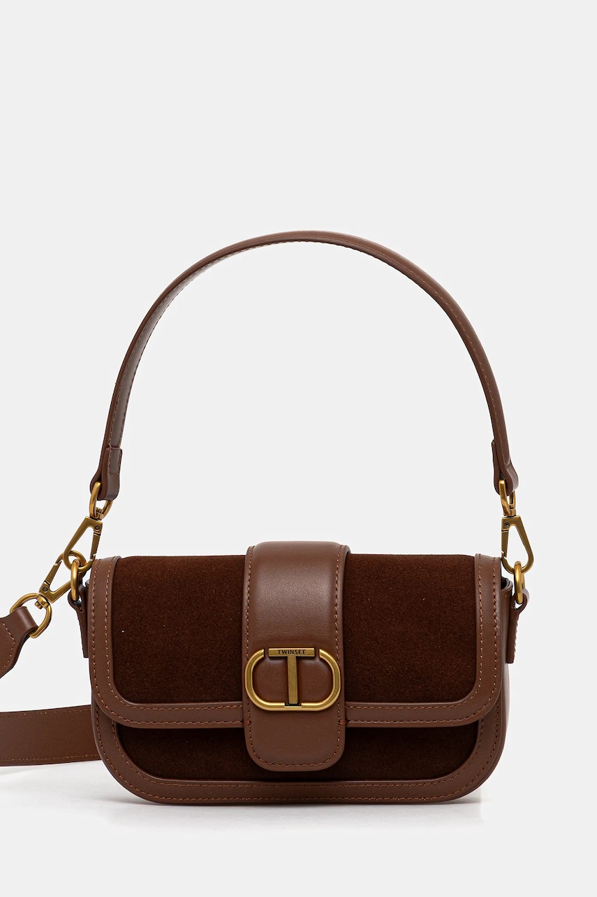 Kožená kabelka Twinset hnědá barva, 252TD8371
