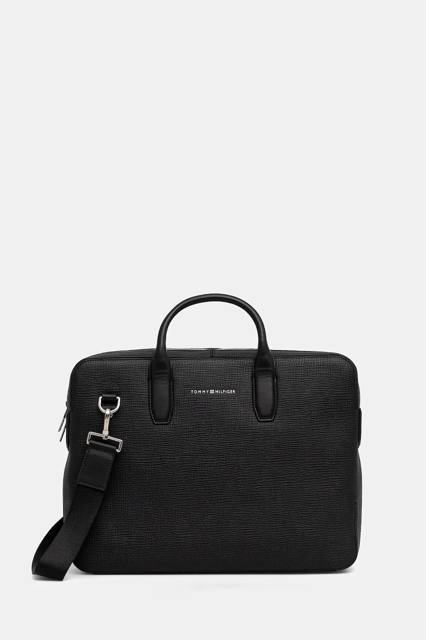 Levně Kožená taška na notebook Tommy Hilfiger černá barva, AM0AM13642