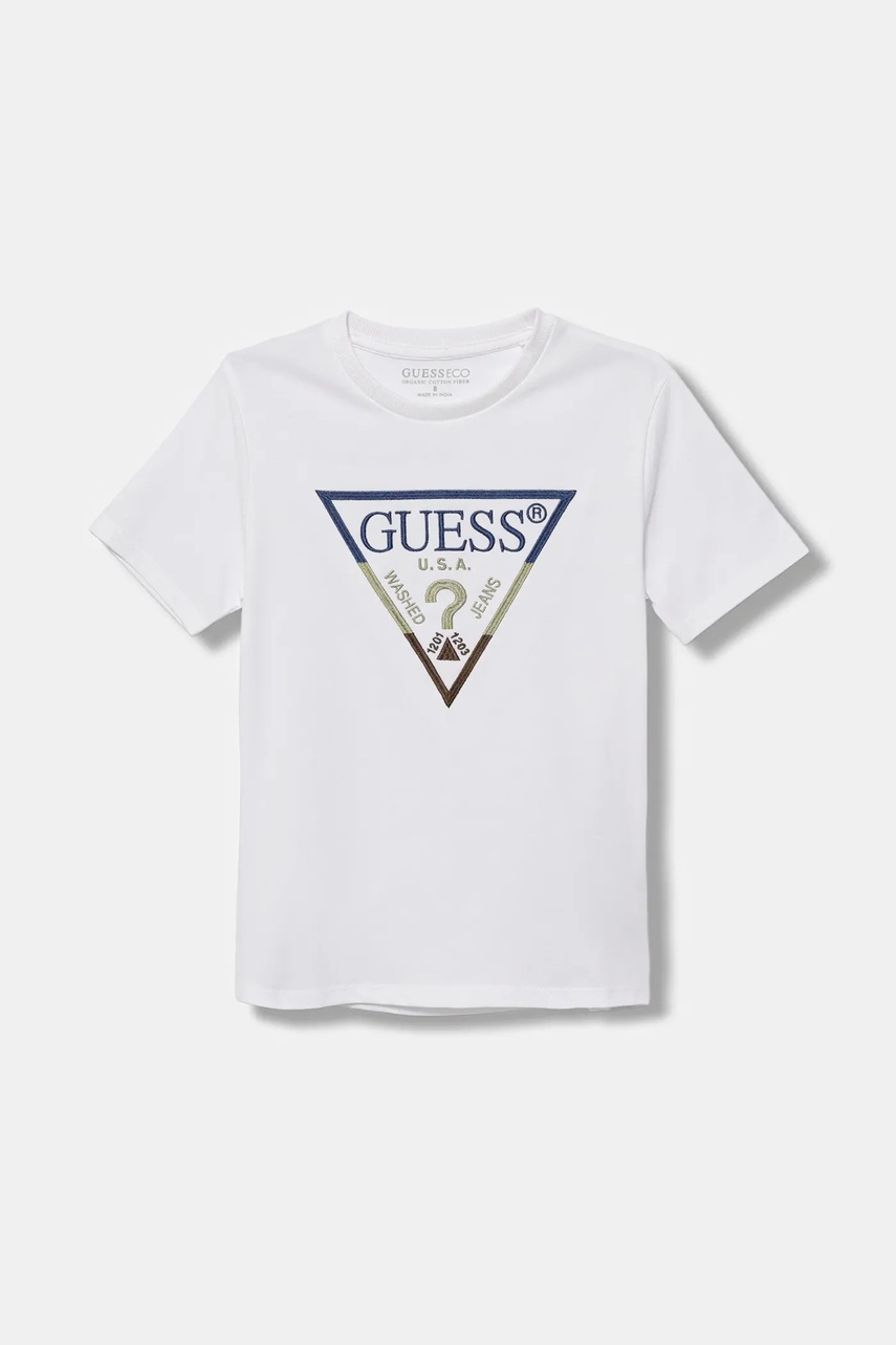 Levně Dětské bavlněné tričko Guess bílá barva, s aplikací, L5YI07 K8HM4