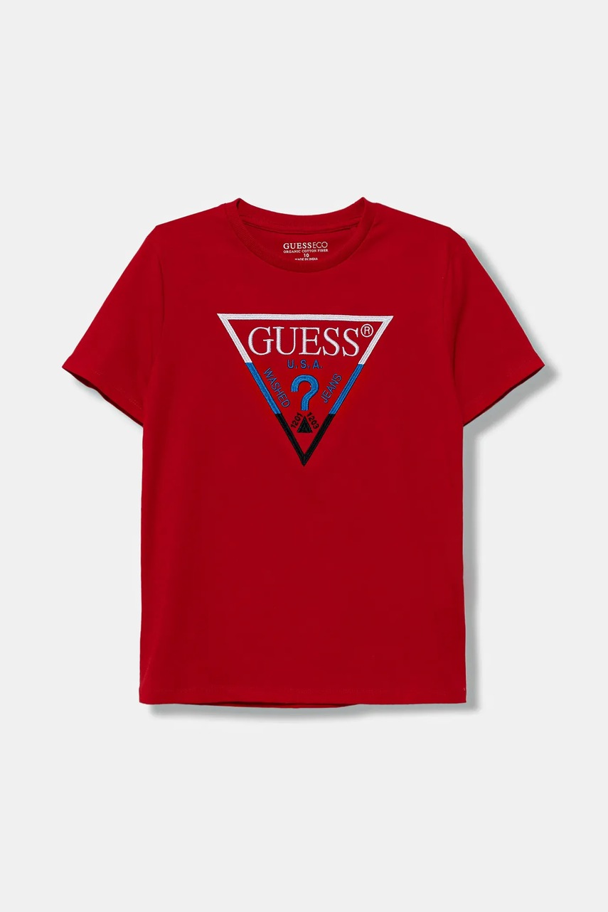 Levně Dětské bavlněné tričko Guess červená barva, s aplikací, L5YI07 K8HM4