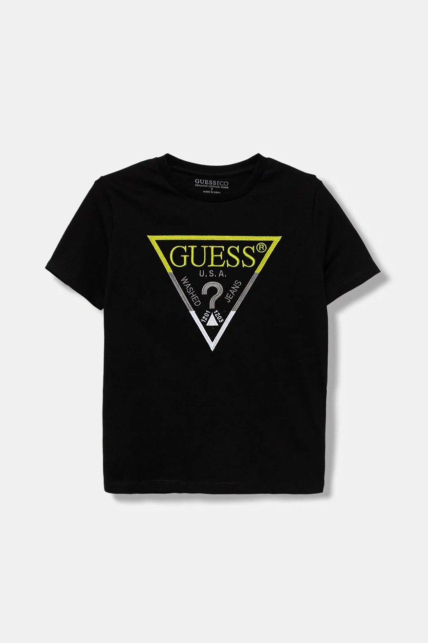 Levně Dětské bavlněné tričko Guess černá barva, s aplikací, L5YI07 K8HM4