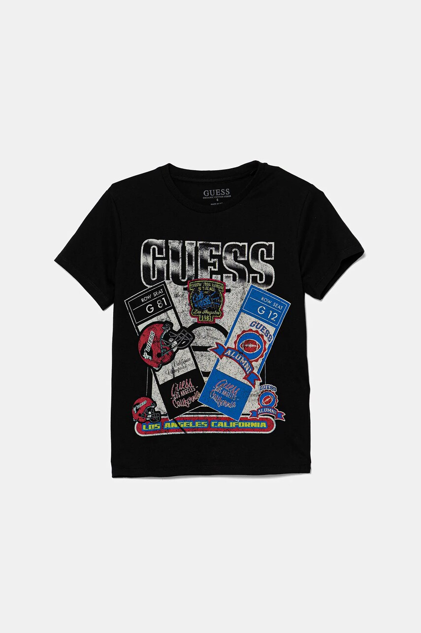 Levně Dětské bavlněné tričko Guess černá barva, s potiskem, L5YI10 K8HM4