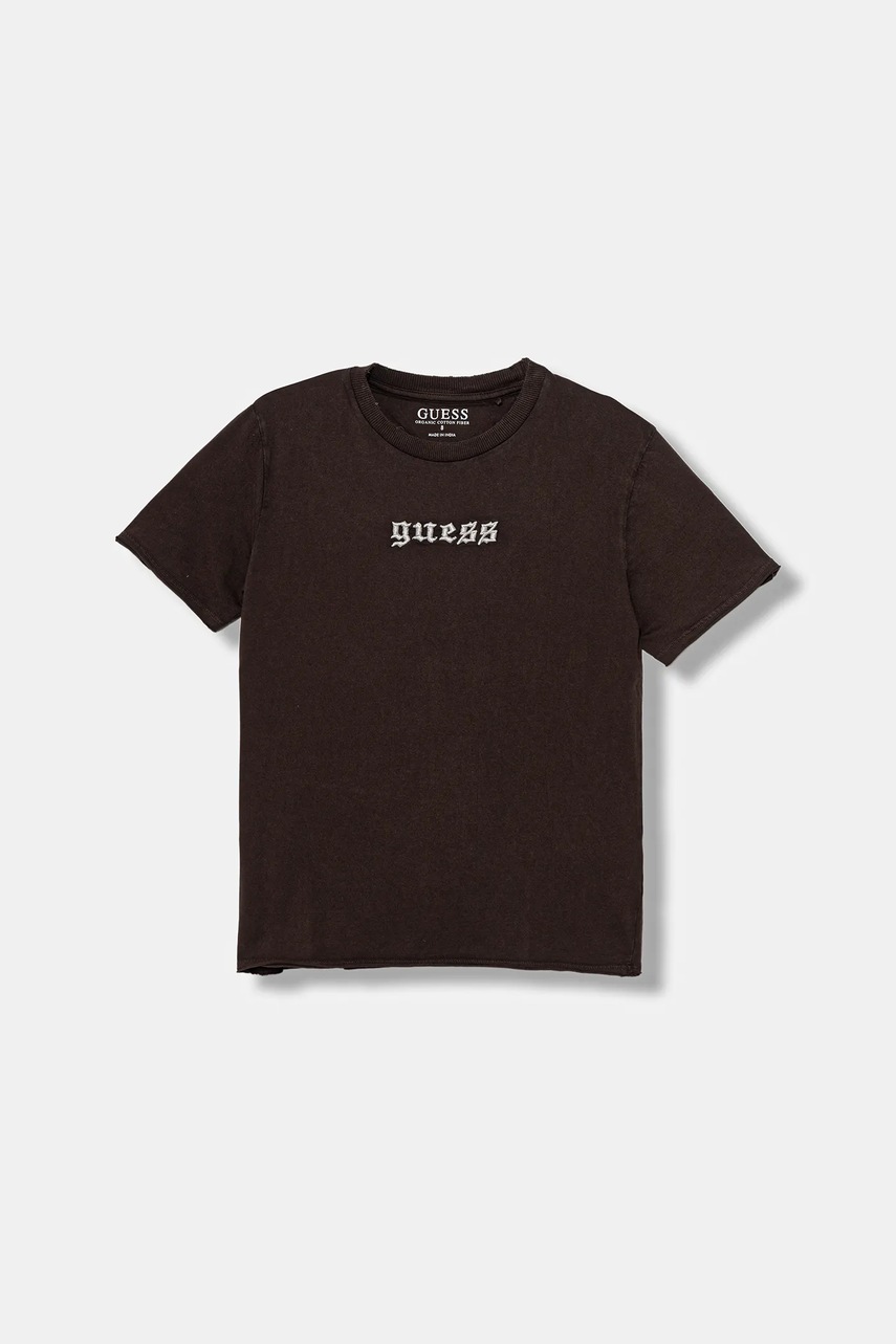 Levně Dětské bavlněné tričko Guess hnědá barva, s aplikací, L5YI20 K8HM4