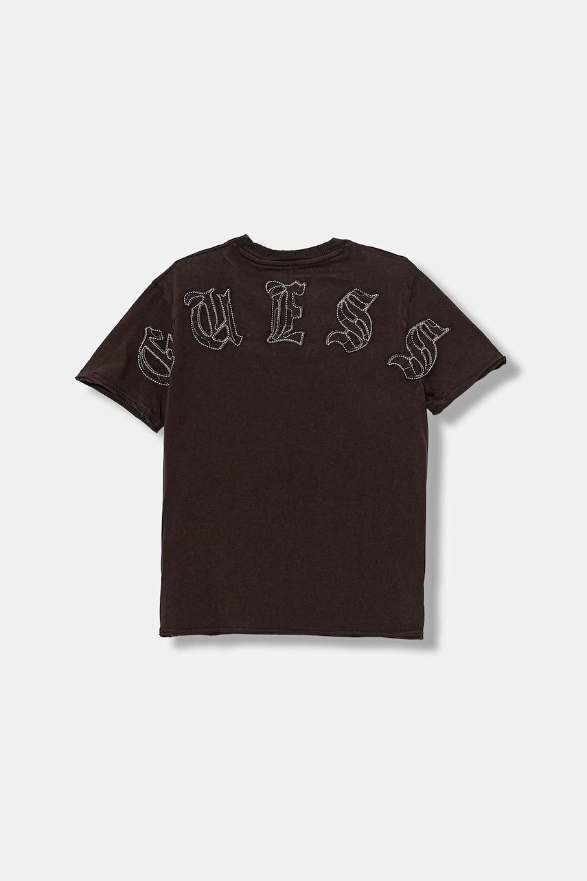 Детская хлопковая футболка Guess цвет коричневый с аппликацией L5YI20 K8HM4 Детская хлопковая футболка Guess цвет коричневый с аппликацией L5YI20 K8HM4