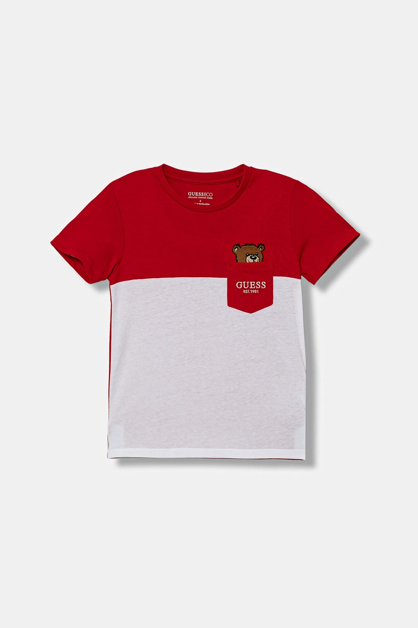 Levně Dětské bavlněné tričko Guess červená barva, s aplikací, N5YI11 K8HM4