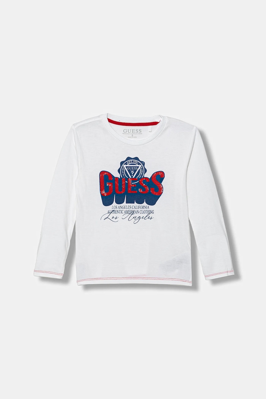 Levně Dětské bavlněné tričko s dlouhým rukávem Guess bílá barva, s potiskem, N5YI13 K8HM0